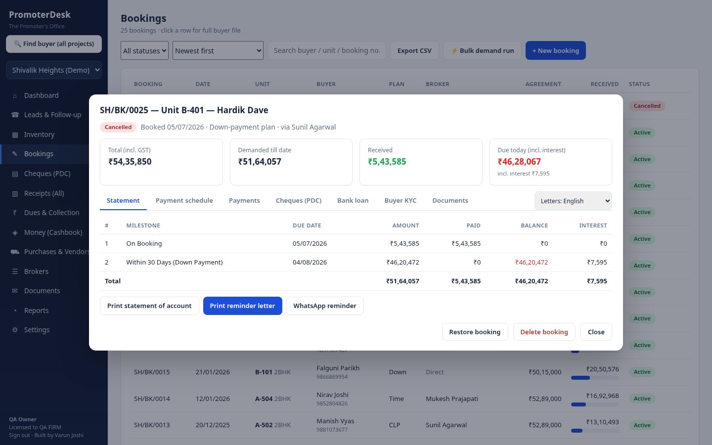 PromoterDesk bookings module — buyer statement of account with payment schedule and reminder letters
