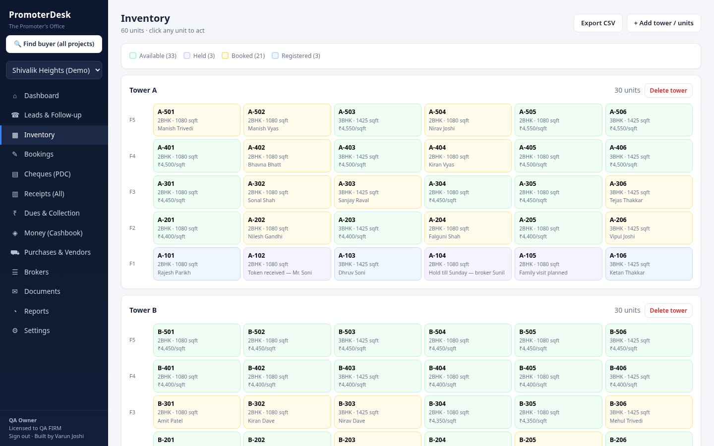 PromoterDesk inventory — tower and unit grid with availability, holds, bookings, and registrations